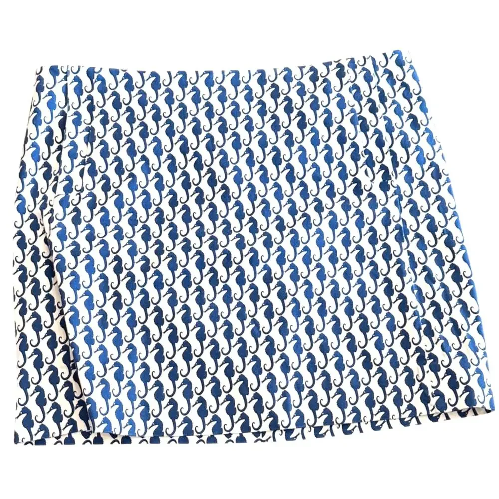 J.Crew Seahorse Print Mini Skirt Blue White Cotton Size 6 Coastal Preppy